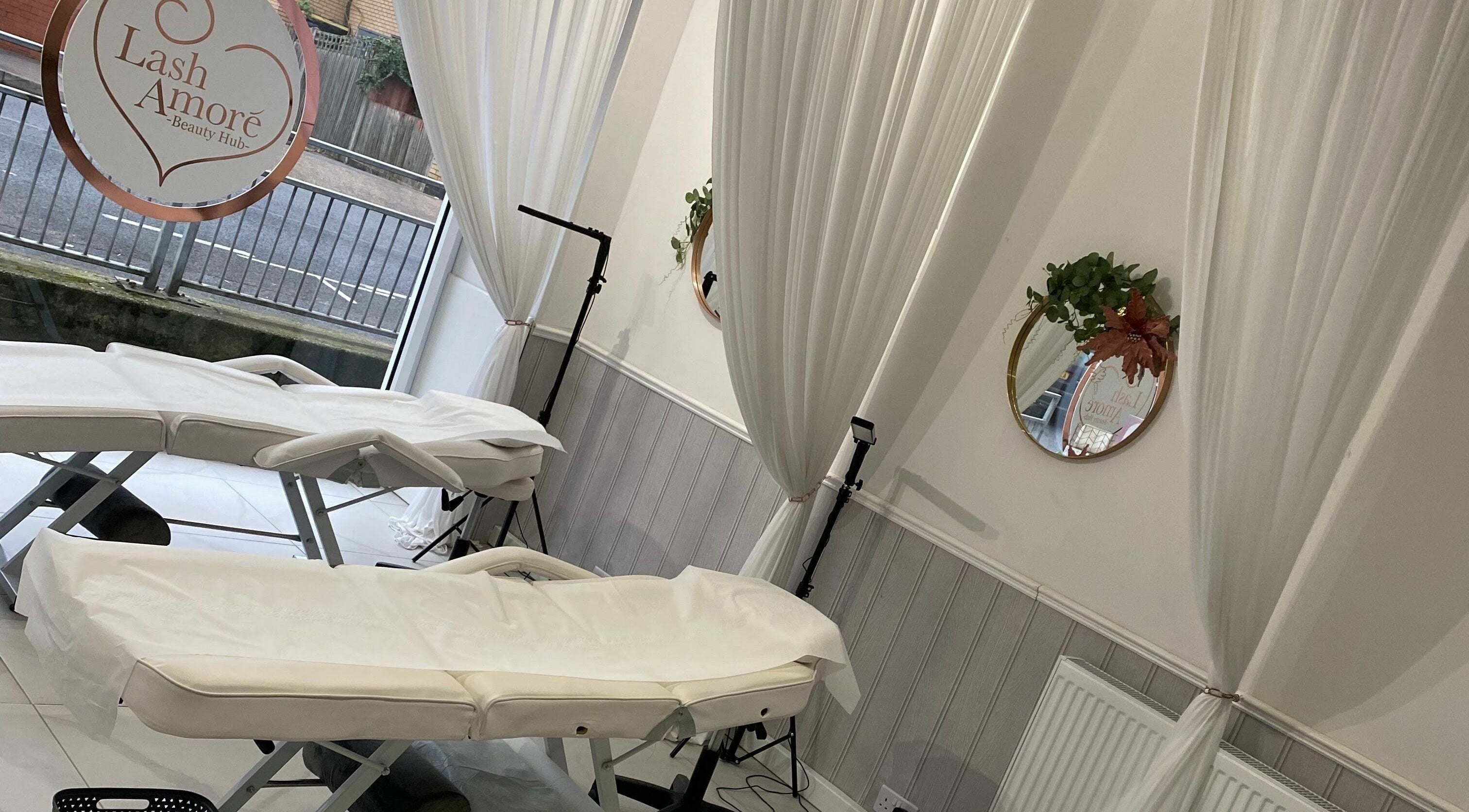 Lash Amoré Beauty Hub therapy room with elegant décor in West Drayton, England, GB.