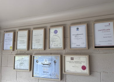 Certificates displayed at Frankie & me, Kihikihi, Waikato, NZ showing expertise in beauty treatments.