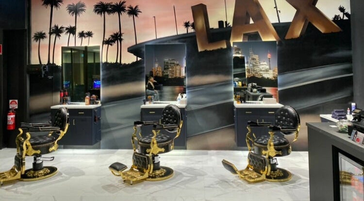 Elegant barbershop interior at ACE OF FADEZ LANE COVE, Lane Cove, New South Wales, AU with luxury chairs and decor.