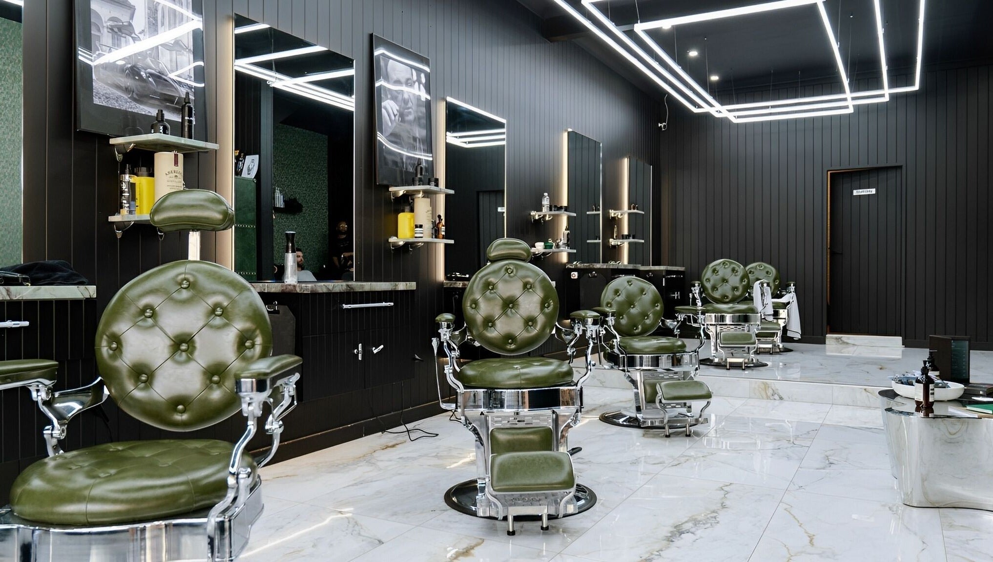 ACE OF FADEZ CROWS NEST barbershop interior with green chairs in Crows Nest, New South Wales, AU.