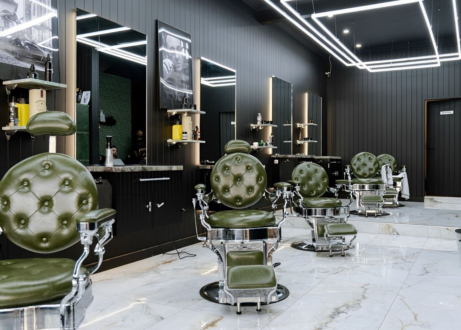 ACE OF FADEZ CROWS NEST barbershop interior with green chairs in Crows Nest, New South Wales, AU.