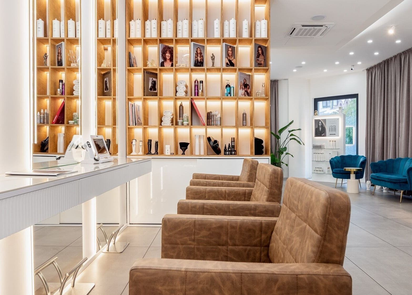 Interior of Salon Inspire, kv. Krustova vada, София, Област София, BG with elegant seating and stylish shelves.