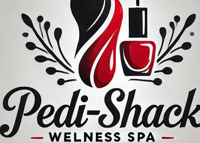 Logo of Pedishack Foot and Nail Services, Fayetteville, Tennessee, US with red polish and stylized design.
