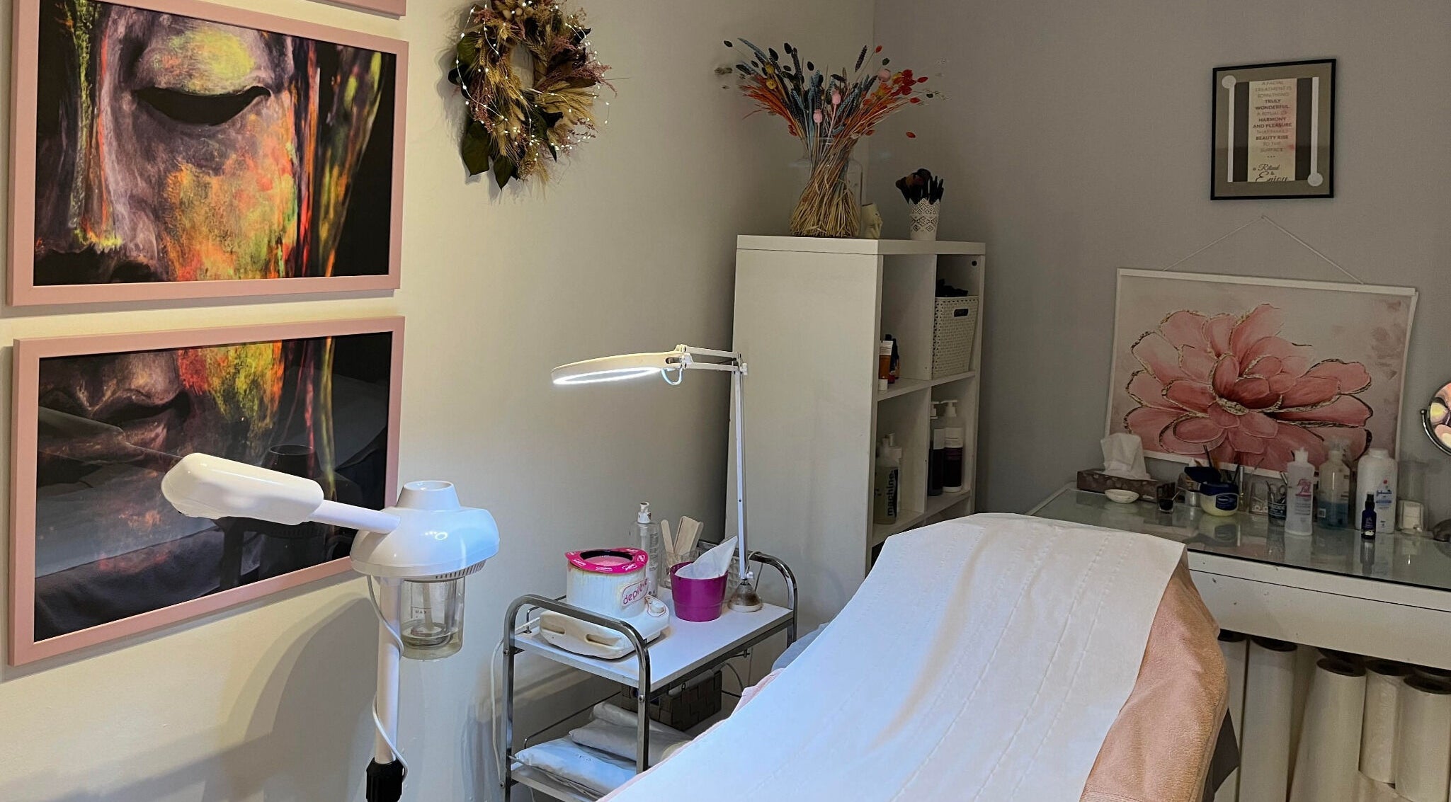 Tranquil therapy room at Angels Secrets Beauty and Health Care, Kinsale, County Cork, IE, with calming decor.