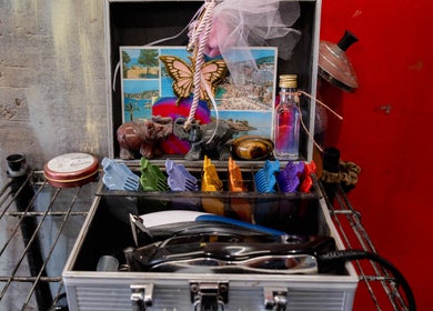 Colorful desk caddy with trinkets, part of Unparalleled 145's unique decor in London, England, GB.