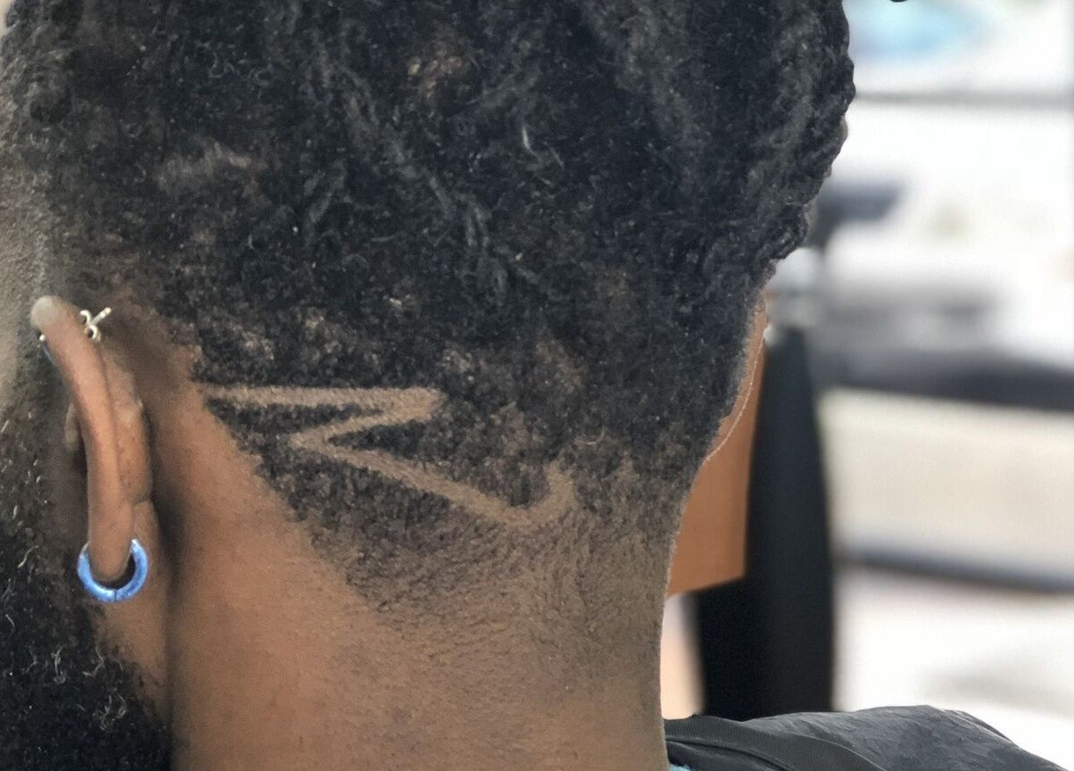 Close-up of unique hair design at Perfect Blendz Barber Lounge, Jonesboro, Georgia, US.