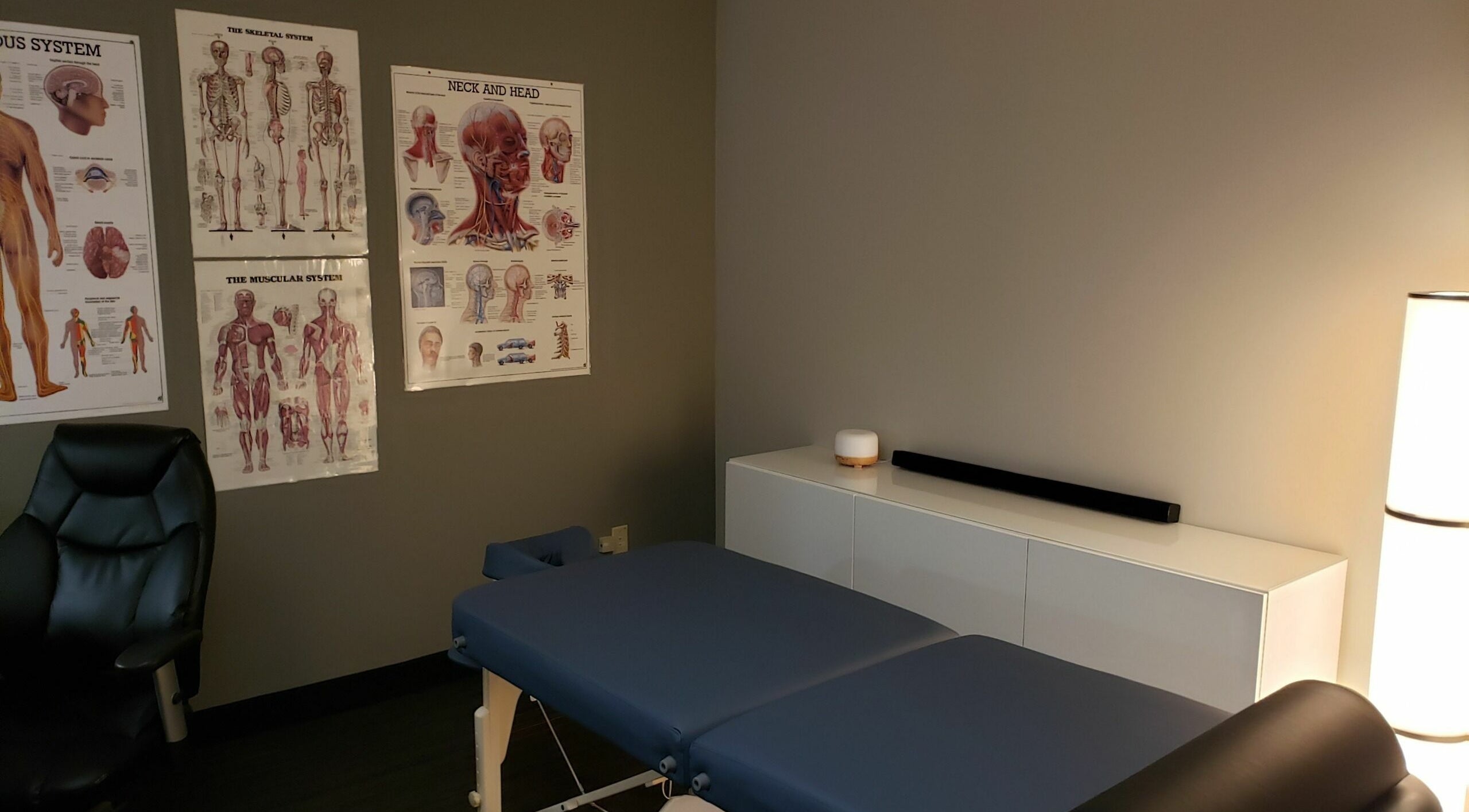 Therapy room at Piotr Gorecki Manual Therapy Clinic Inc., Calgary, Alberta, CA with anatomical charts and massage table.
