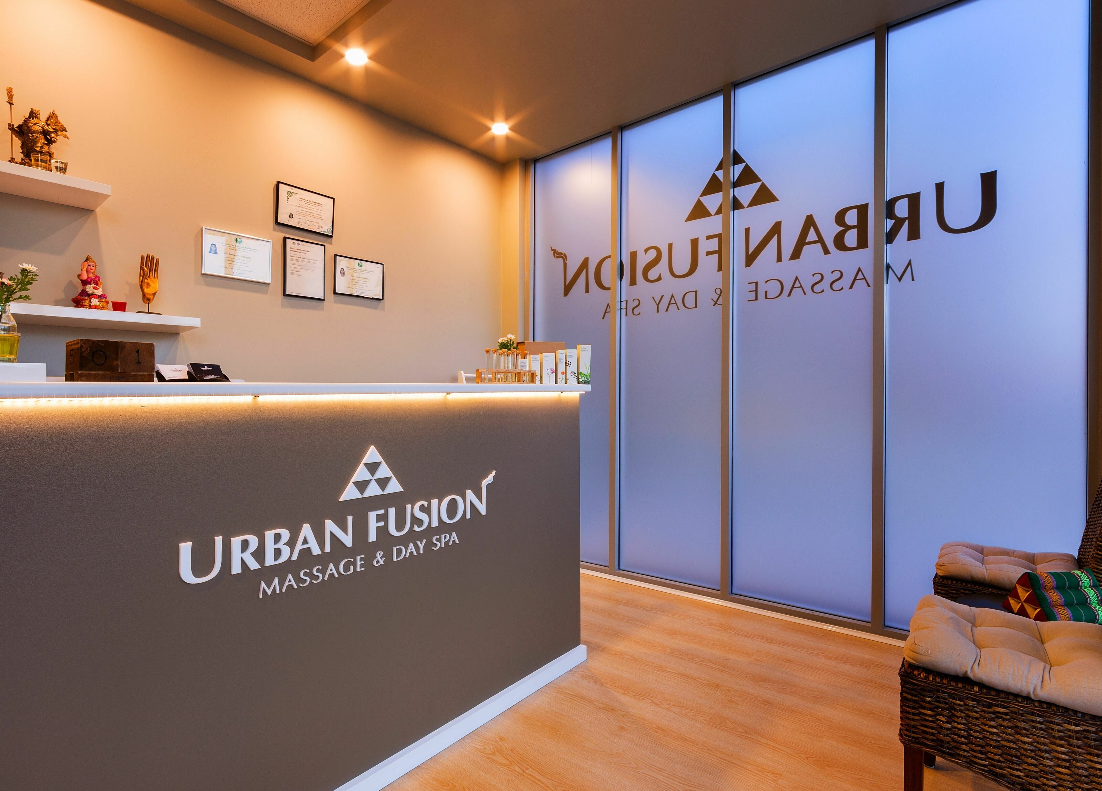 Reception area of Urban Fusion Massage and Day Spa in Harrison, ACT, AU with decor and seating.