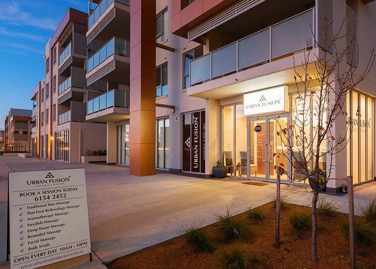 Twilight view of Urban Fusion Massage and Day Spa entrance in Harrison, Australian Capital Territory, AU.