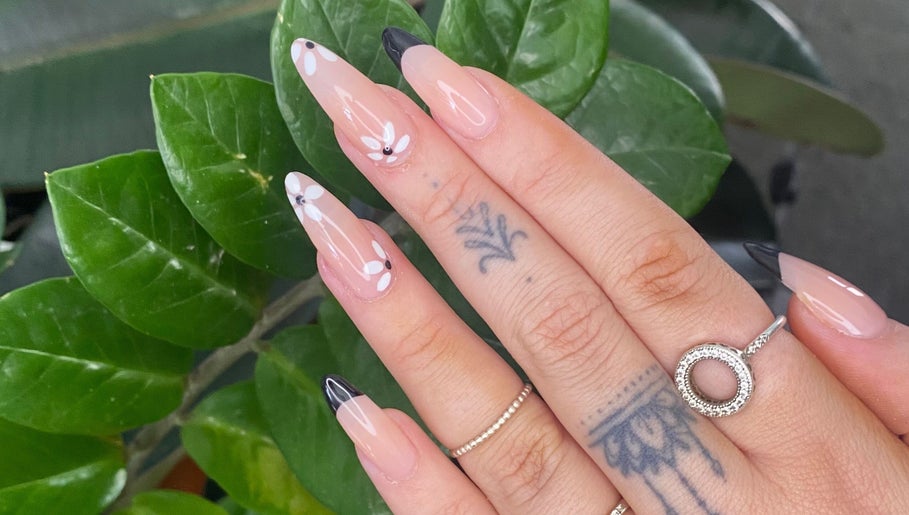 Gorgeous floral and black-tipped nails from Polish'd Nails in Sandgate, Queensland, AU.