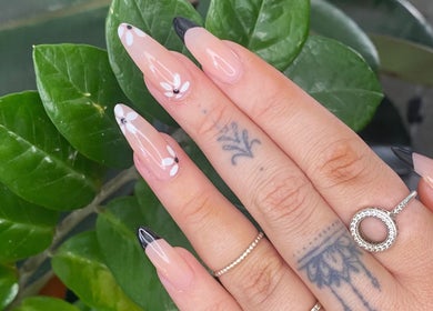 Gorgeous floral and black-tipped nails from Polish'd Nails in Sandgate, Queensland, AU.