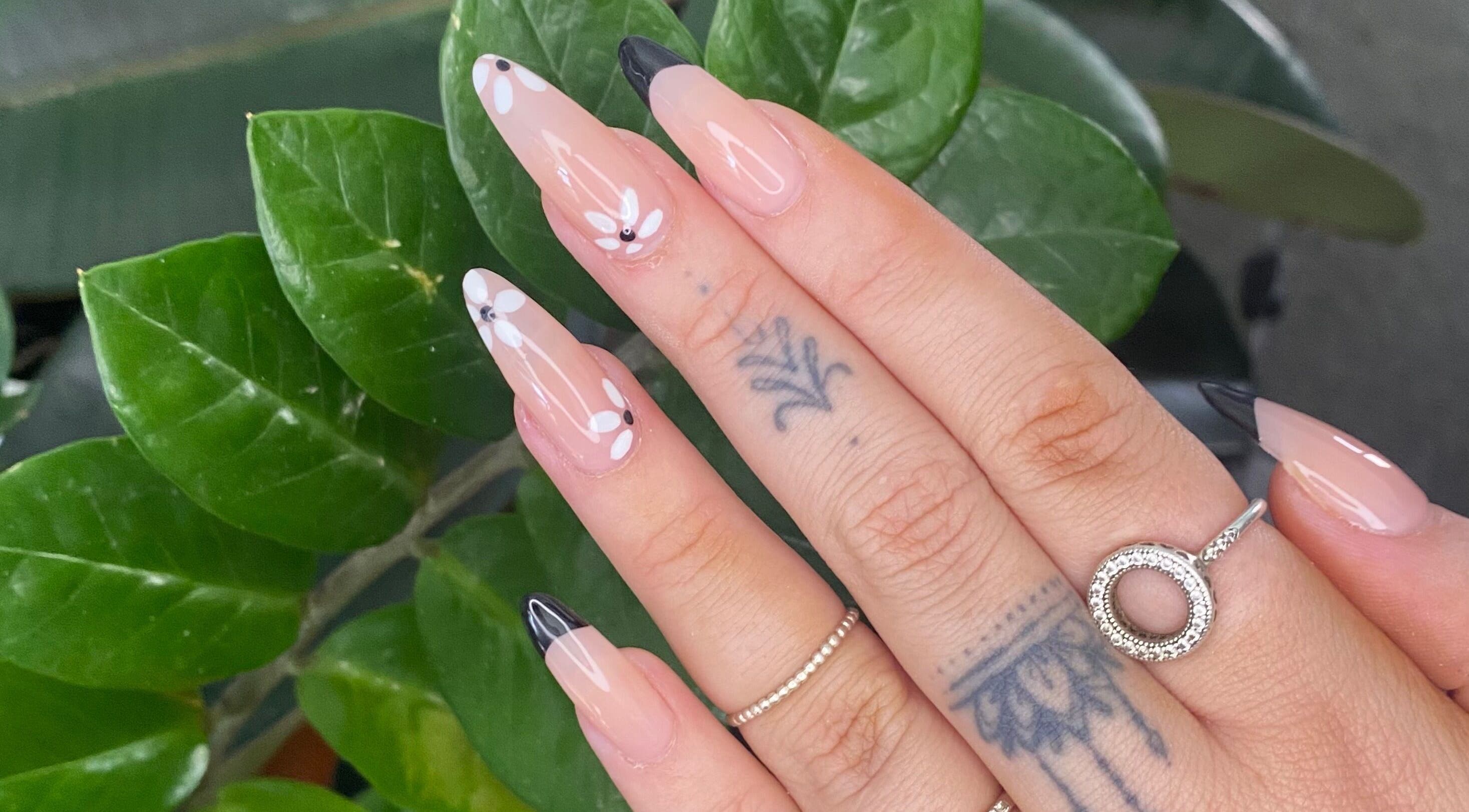 Gorgeous floral and black-tipped nails from Polish'd Nails in Sandgate, Queensland, AU.