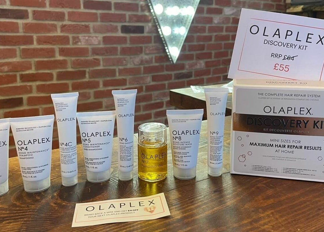 Olaplex Discovery Kit displayed on wooden counter at Vo La Si, Guisborough, England, GB.