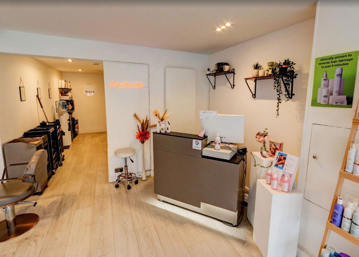 Reception area of Becca Hair and Beauty Salon in Barnet, England, GB featuring stylish, modern decor.
