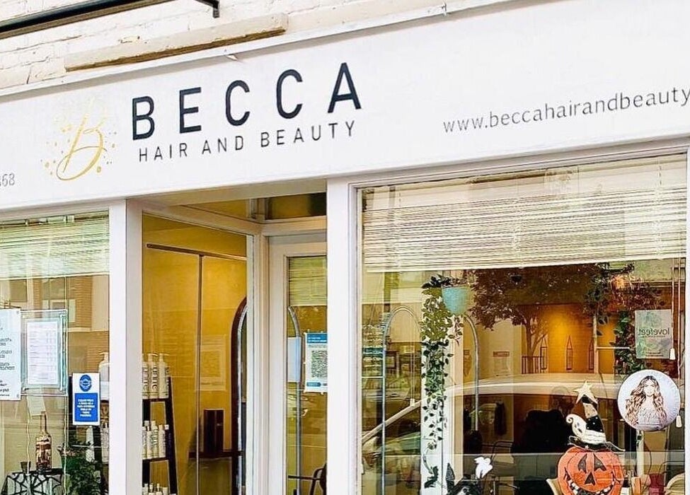 Front view of Becca Hair and Beauty Salon in Barnet, England, GB, showcasing modern window display.