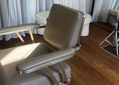 Luxurious salon chair at Lengths | By CJP, Writtle, England, GB. Sleek design in a serene setting.
