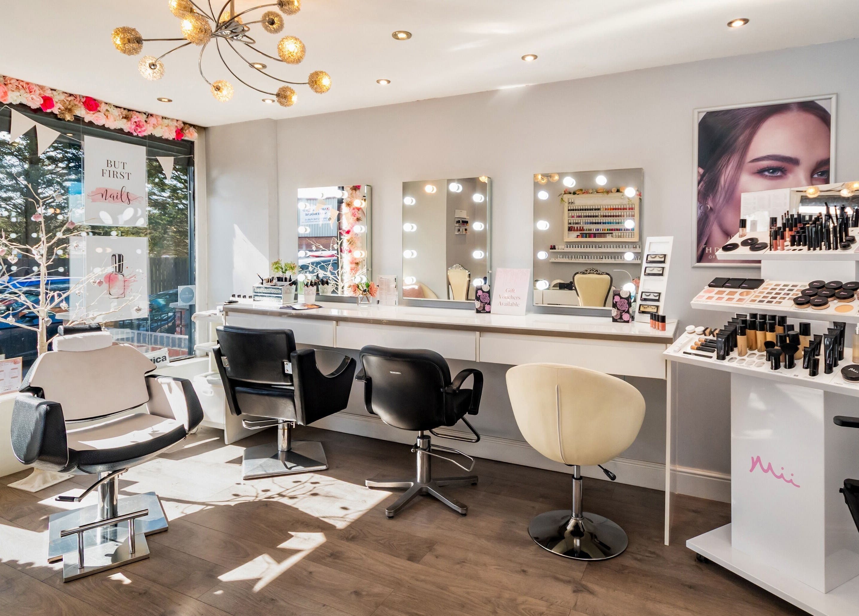 Effleurage Hair and Beauty Limited in Langley Mill, England offers a chic salon interior with stylish seating and makeup display.