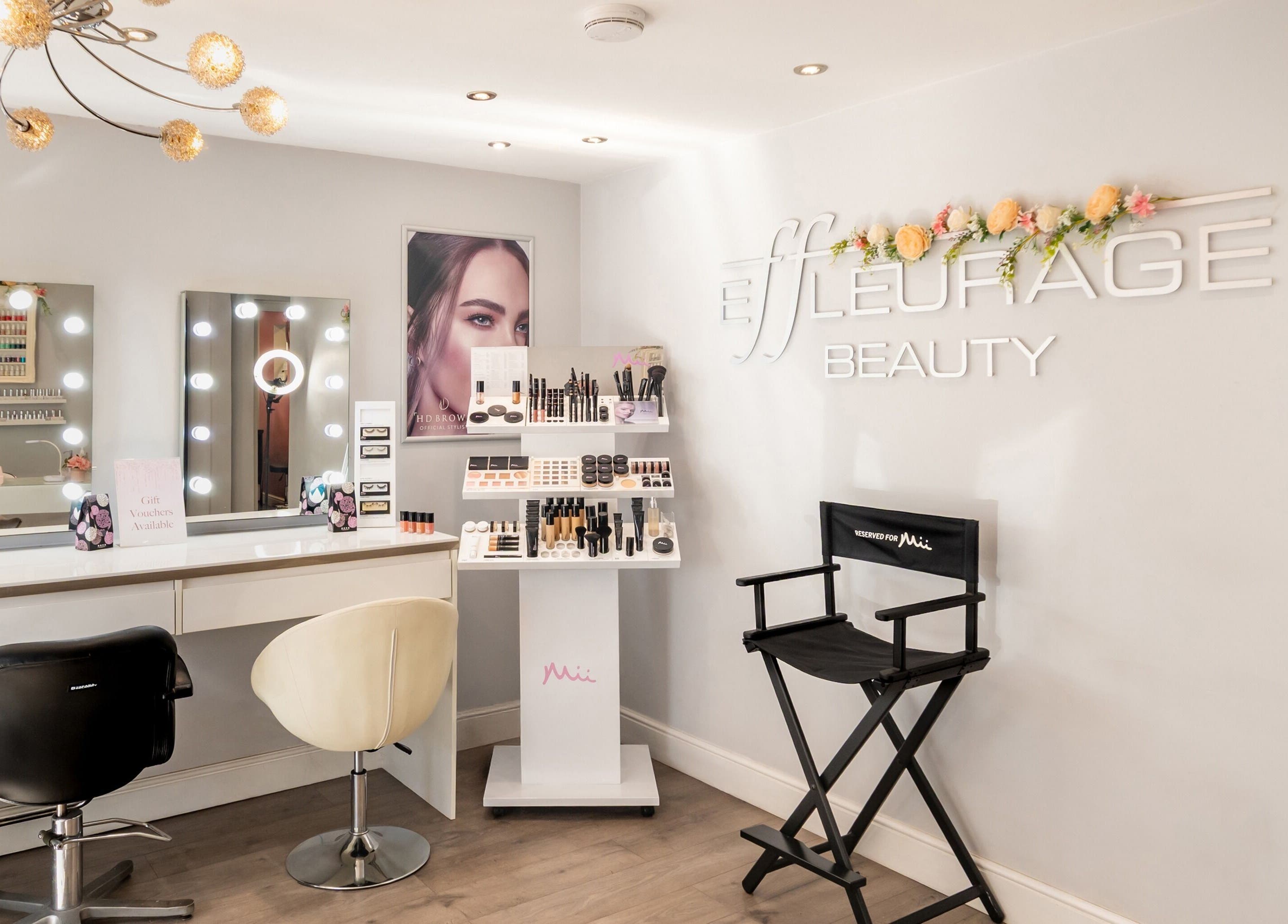 Effleurage Hair and Beauty Limited interior with makeup stations in Langley Mill, England, GB.