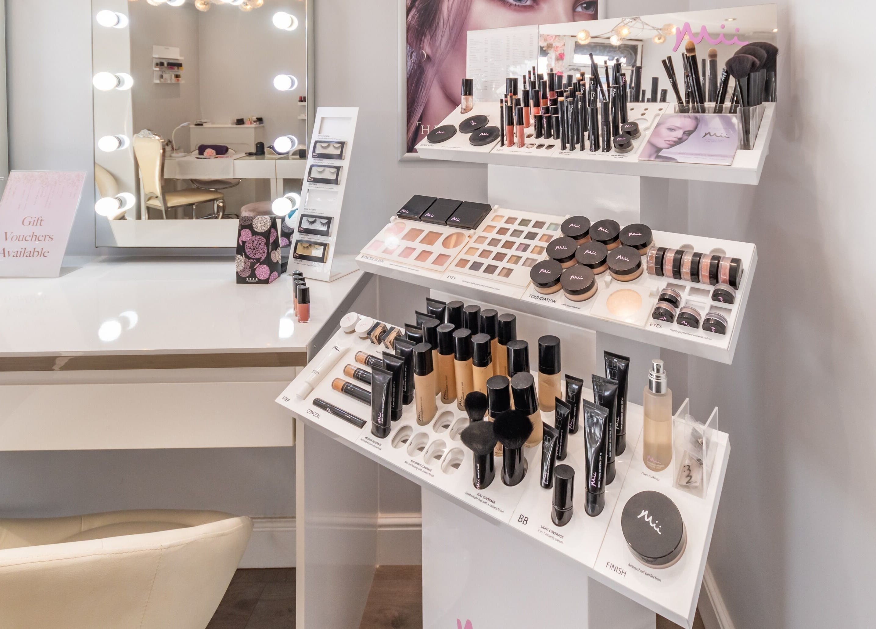 Makeup display at Effleurage Hair and Beauty Limited, Langley Mill, England, GB featuring a wide selection of cosmetics.