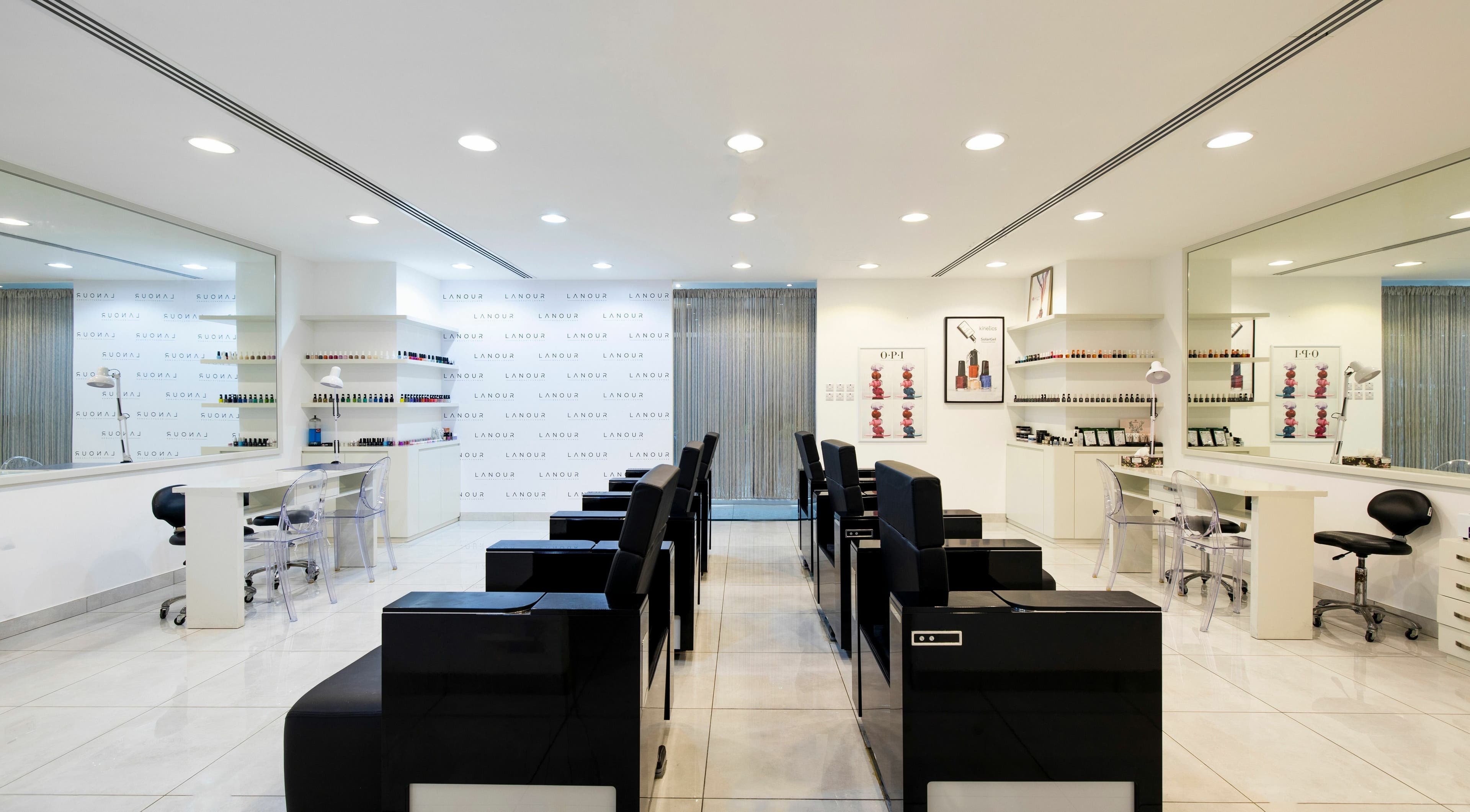 Interior of LANOUR BEAUTY LOUNGE LLC in Dubai, Dubai, AE, showcasing modern furnishings and beauty stations.