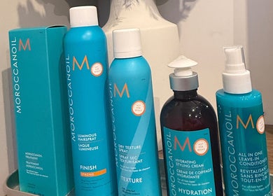 Moroccanoil products on display at Seats Hair Studio, Leicester, England, GB. Enhance your hair care routine.