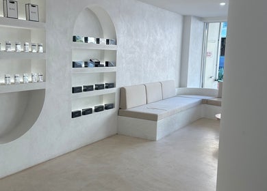 Elegant lounge with shelves at Meridian Aesthetics | Surfers Paradise, Queensland, AU.