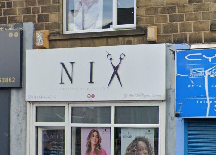 Front view of Nix Creative Hair Design in Huddersfield, England, GB showcasing stylish signage.