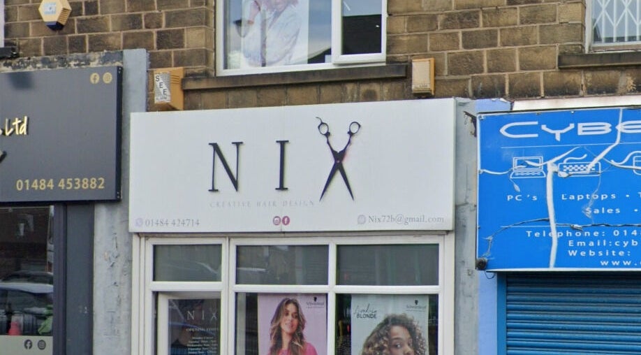 Front view of Nix Creative Hair Design in Huddersfield, England, GB showcasing stylish signage.