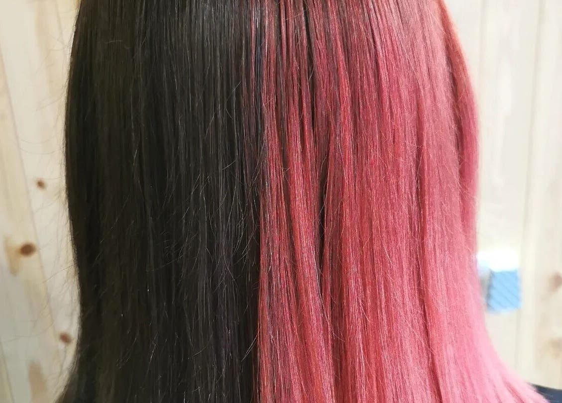 Half pink, half brown hair at Dannielle's Cutting Edge, Littlestone, England, GB.