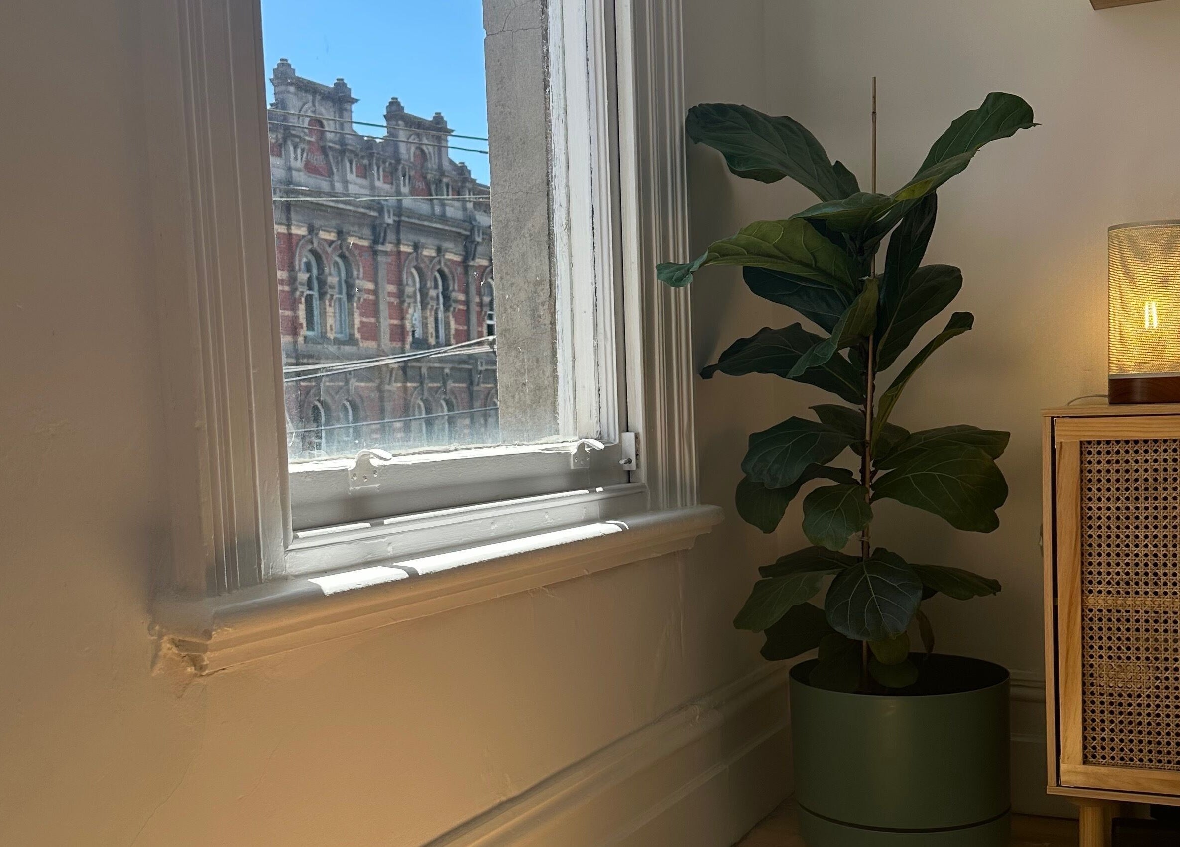 Tranquil interior of Néktar Studio, Melbourne, with natural light, a potted plant, and cozy lamp ambiance.