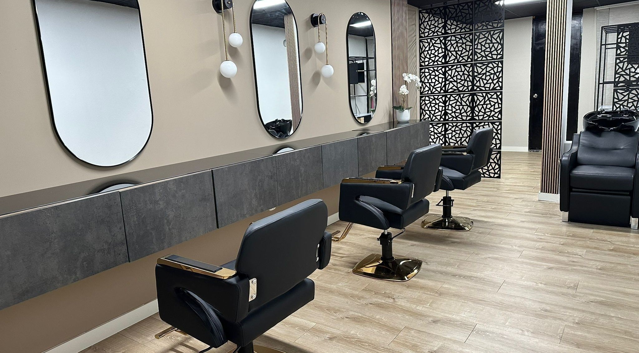 Interior moderno de GS Gillian Santiago Hairstylist en San Juan, San Juan, PR, con sillas negras y espejos ovalados.