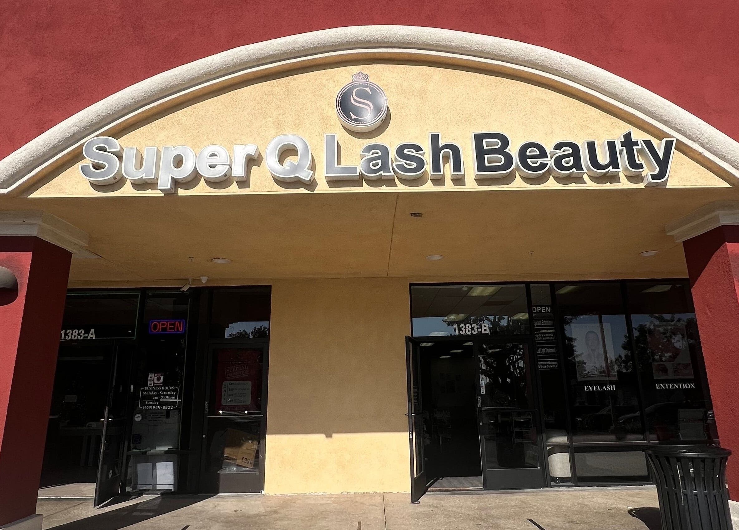 Front view of Super Q Lash Beauty in Upland, California, US, showcasing elegant storefront entrance.