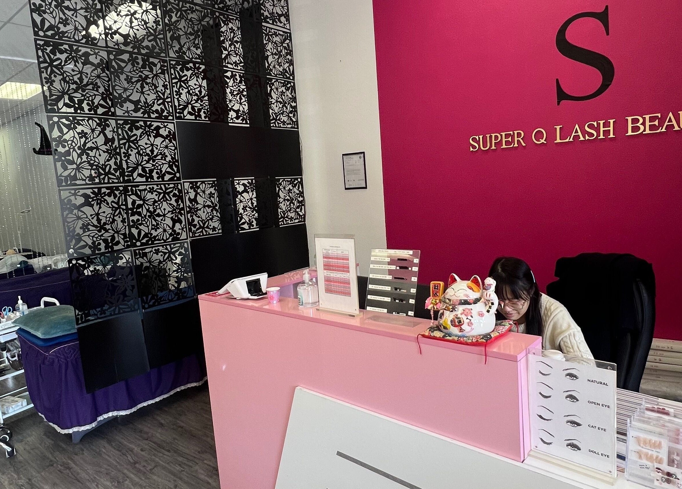Reception area of Super Q Lash Beauty in Upland, California, US, featuring stylish decor and welcoming ambiance.