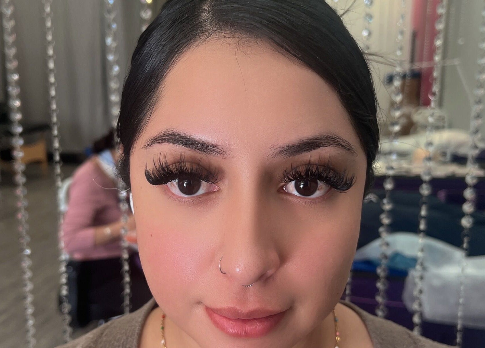 Close-up of eyelash extensions at Super Q Lash Beauty in Upland, California, US.