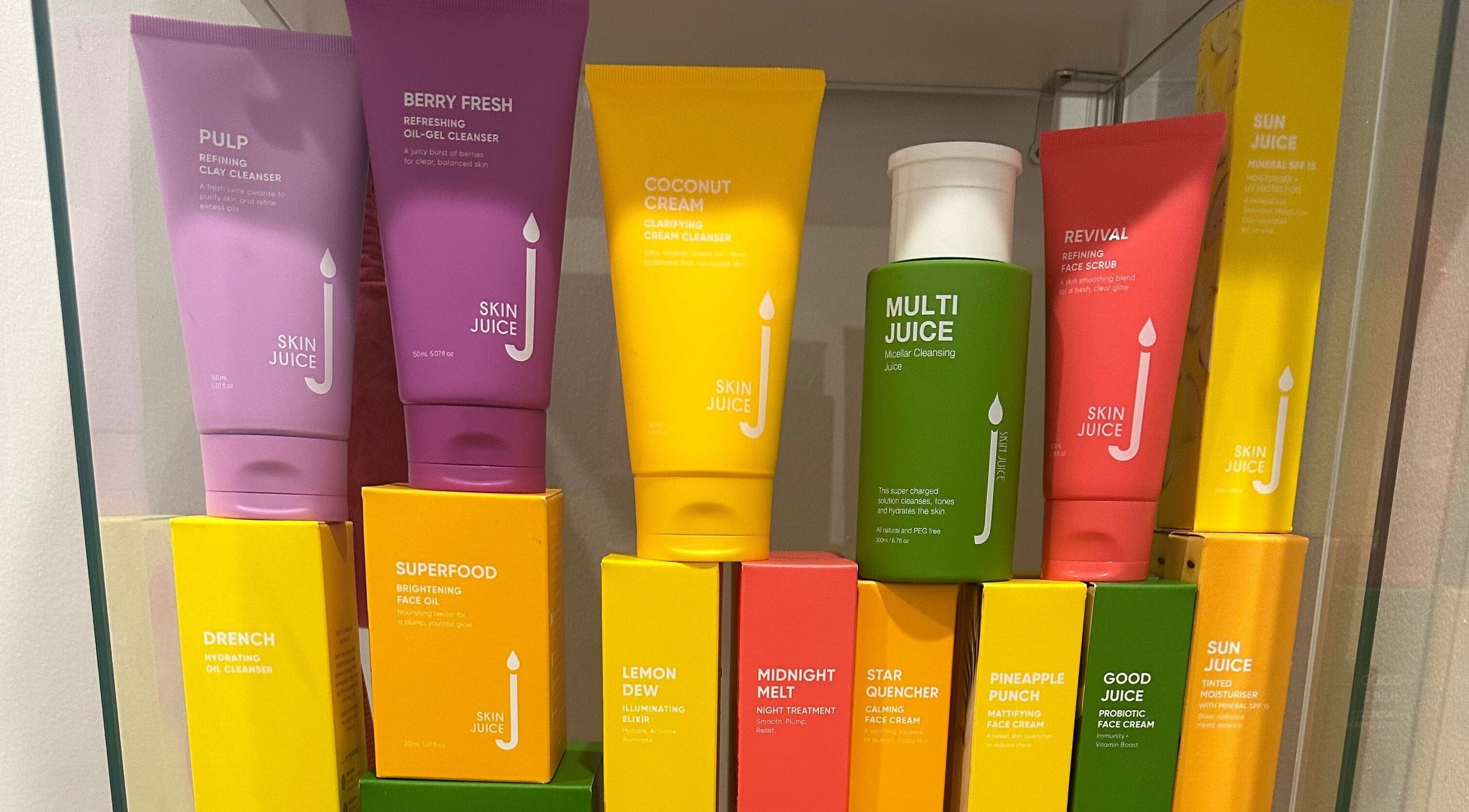 Colorful Skin Juice products displayed at The Glam Bar, Campbelltown, New South Wales, AU.