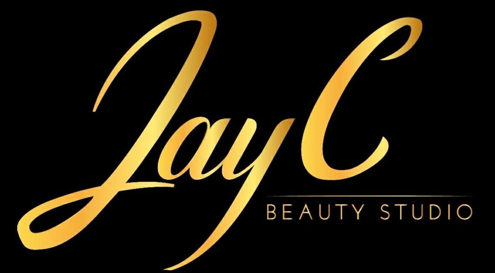 Elegant gold script logo of JayC Beauty Studio, Bridgetown, Christ Church, BB on a sleek black background.