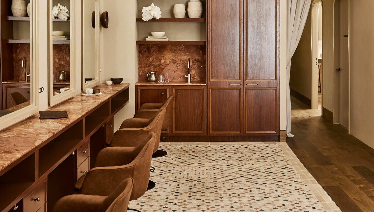 Luxurious salon interior at Bennett and Barkell in Wagga Wagga, New South Wales, AU with stylish brown decor.