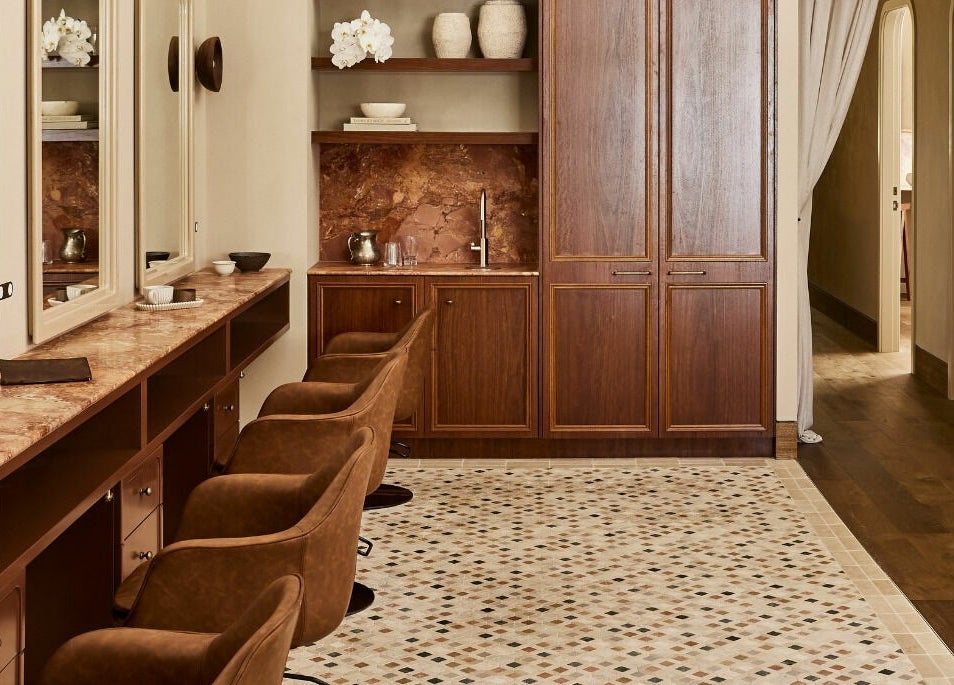 Luxurious salon interior at Bennett and Barkell in Wagga Wagga, New South Wales, AU with stylish brown decor.