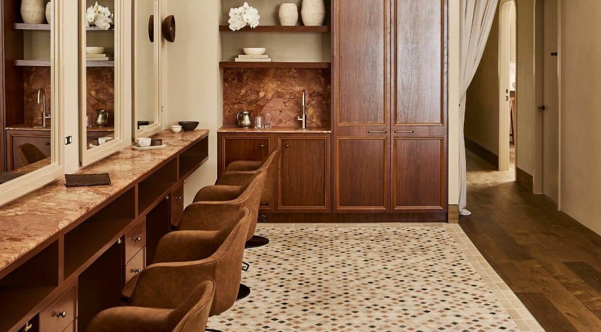 Luxurious salon interior at Bennett and Barkell in Wagga Wagga, New South Wales, AU with stylish brown decor.