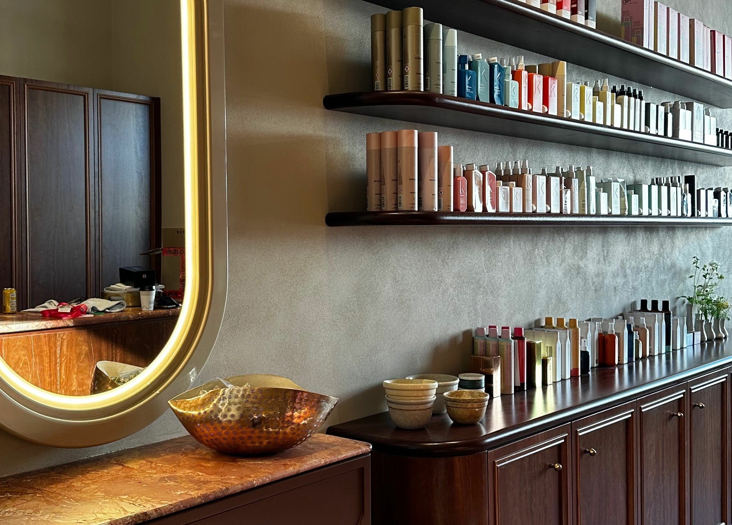 Elegant vanity at Bennett and Barkell, Wagga Wagga, New South Wales, AU showcasing sleek product shelves and decor.