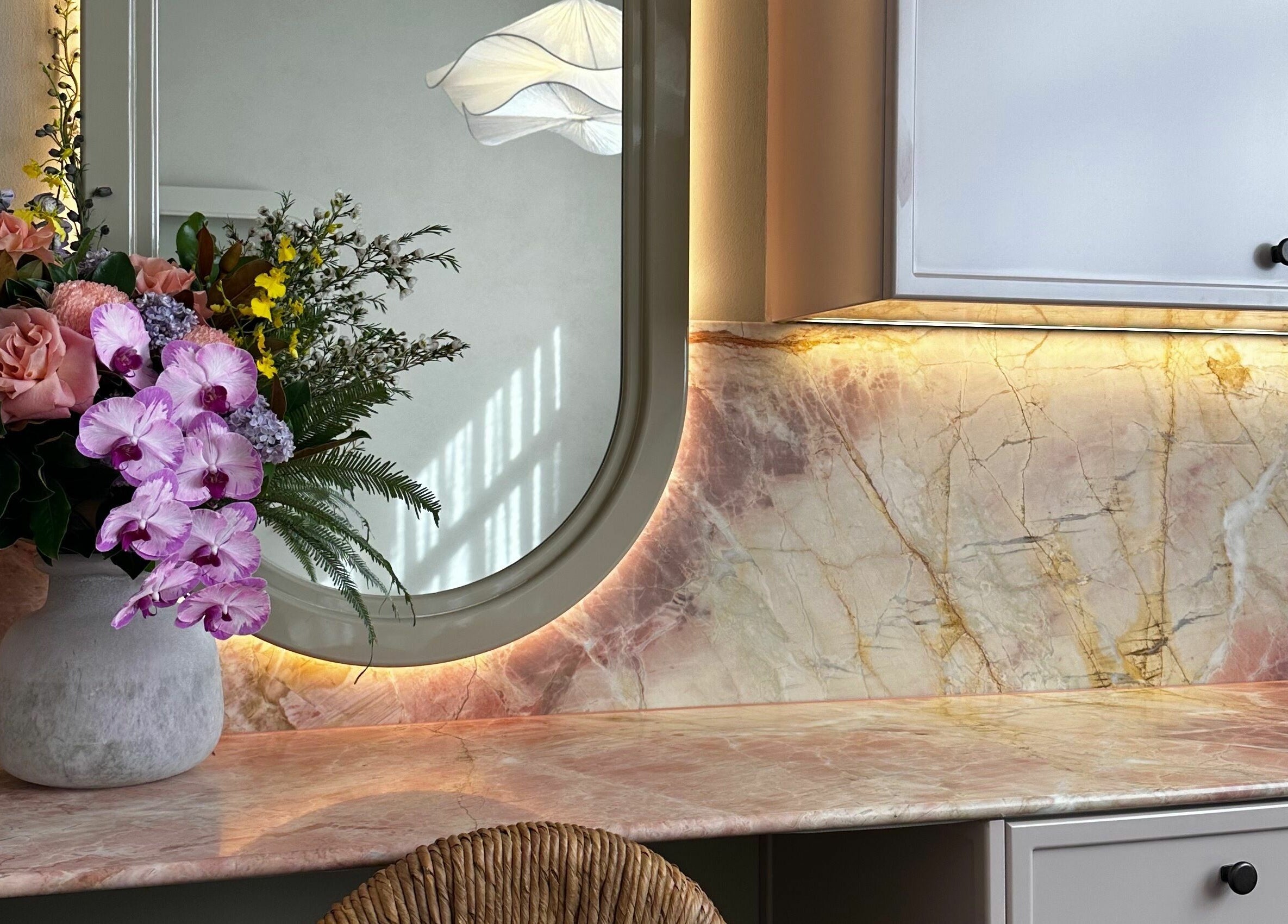 Floral decor on elegant vanity at Bennett and Barkell, Wagga Wagga, New South Wales, AU.