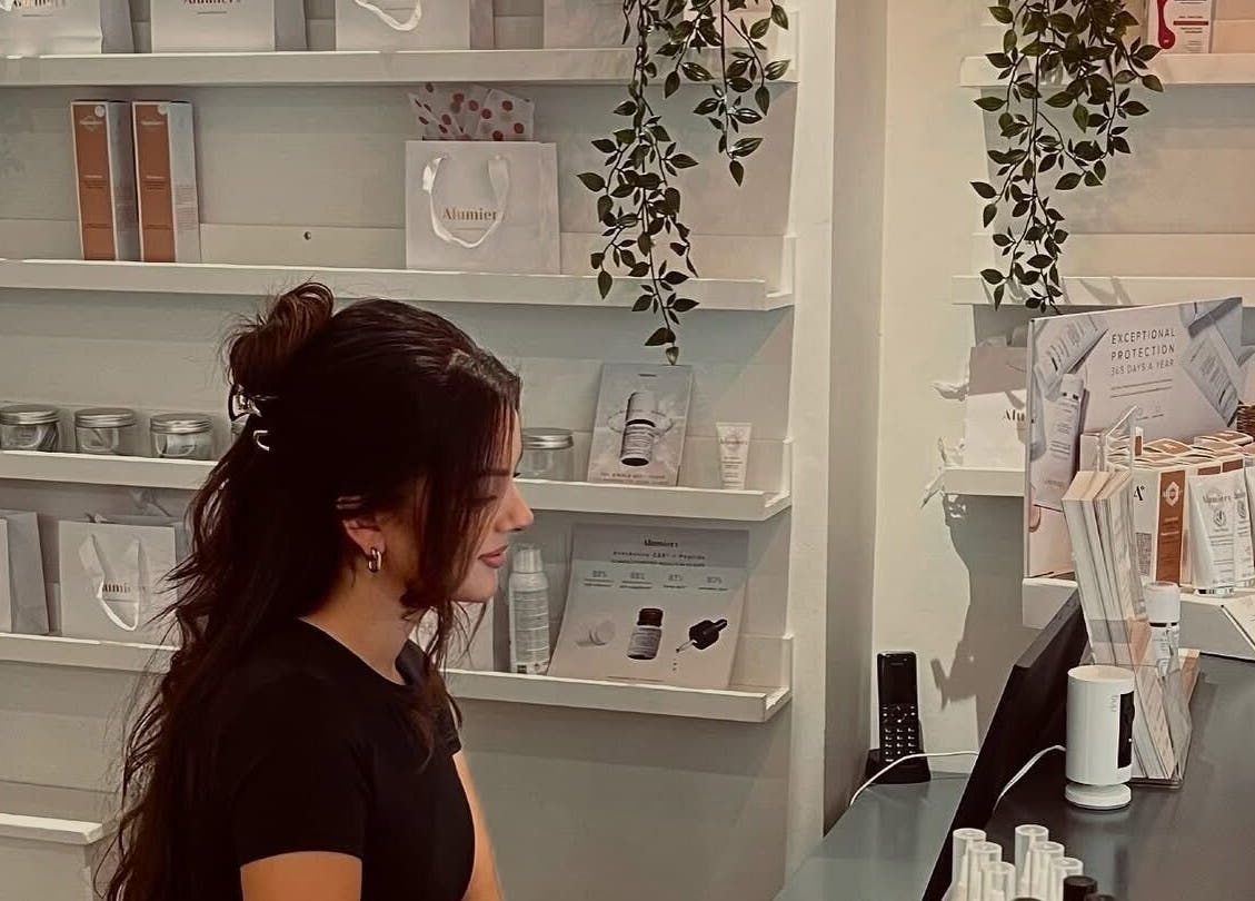 BELÀR esthetics reception area showcasing beauty products in Disley, England, GB.