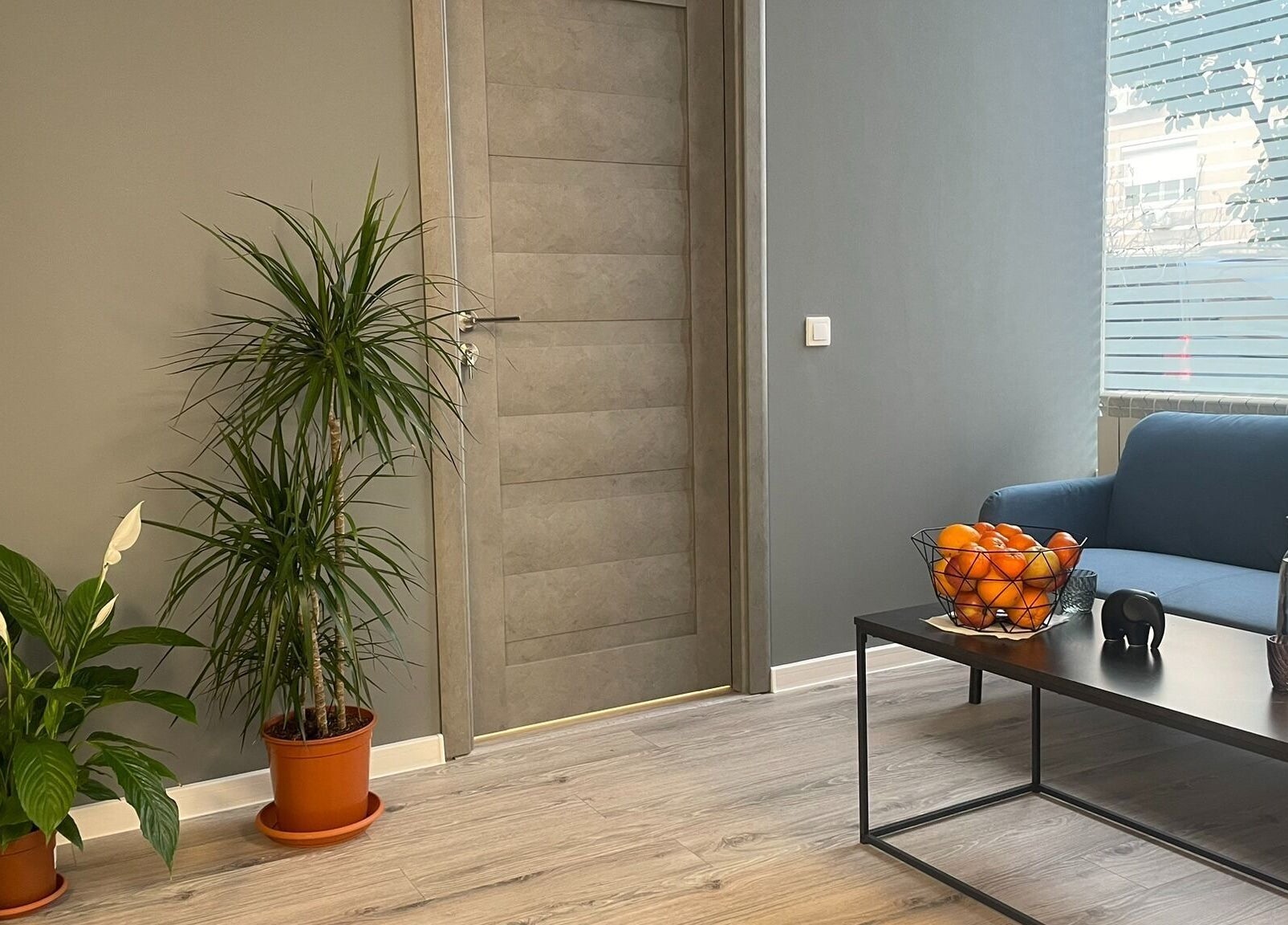 Sala de așteptare la Postural Kinetic Therapy, București, Romania, RO, cu plantă, canapea albastră și masă.