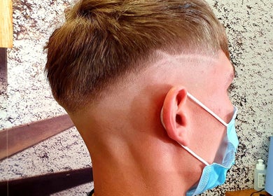 Close-up of a stylish fade haircut at Stefs barber's Forfar, Scotland, GB.