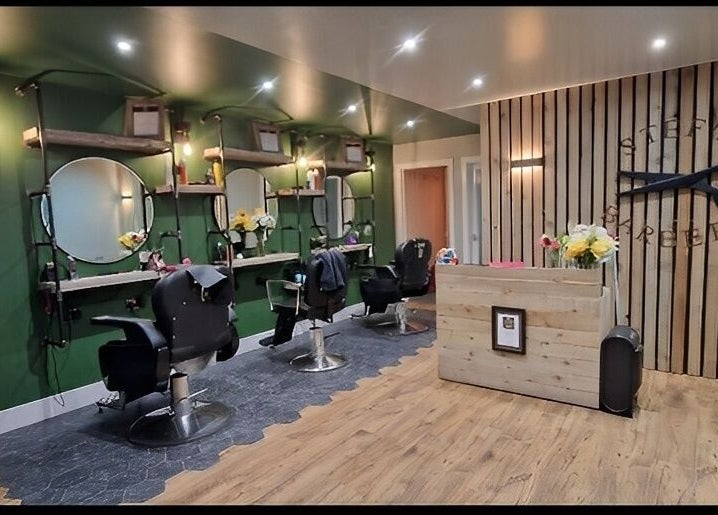 Stylish interior of Stef's barber's Forfar with modern decor, Forfar, Scotland, GB.