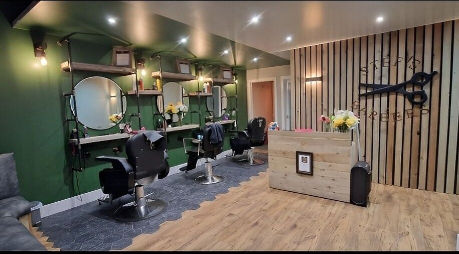 Stylish interior of Stef's barber's Forfar with modern decor, Forfar, Scotland, GB.