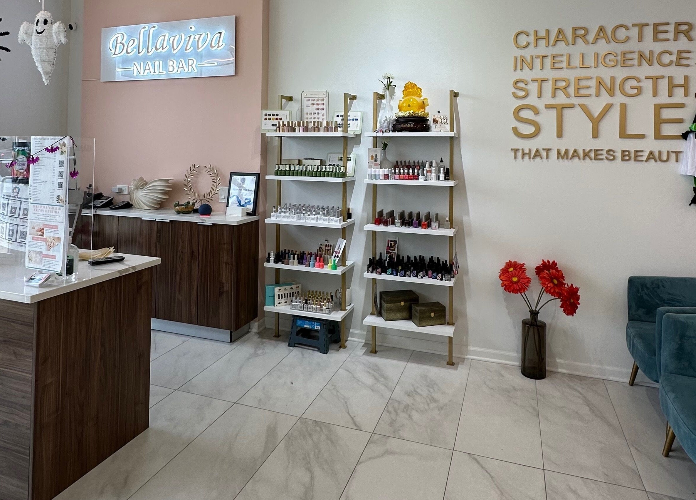 Bellaviva LLC nail bar interior with chic decor in Aurora, Illinois, US featuring cozy seating and vibrant polish.