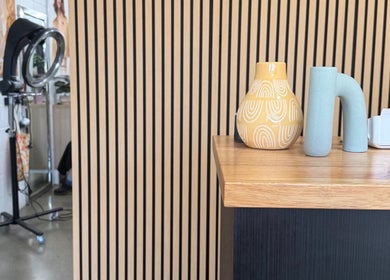 Modern decor and furnishings at Luxe Hair Lab reception, Kyneton, Victoria, AU.