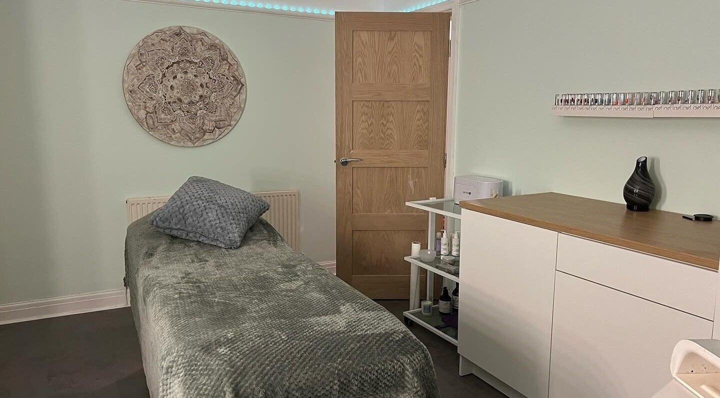 Tranquil treatment room at K.T Beauty Therapies in Blackpool, England, GB with calming decor and soft lighting.