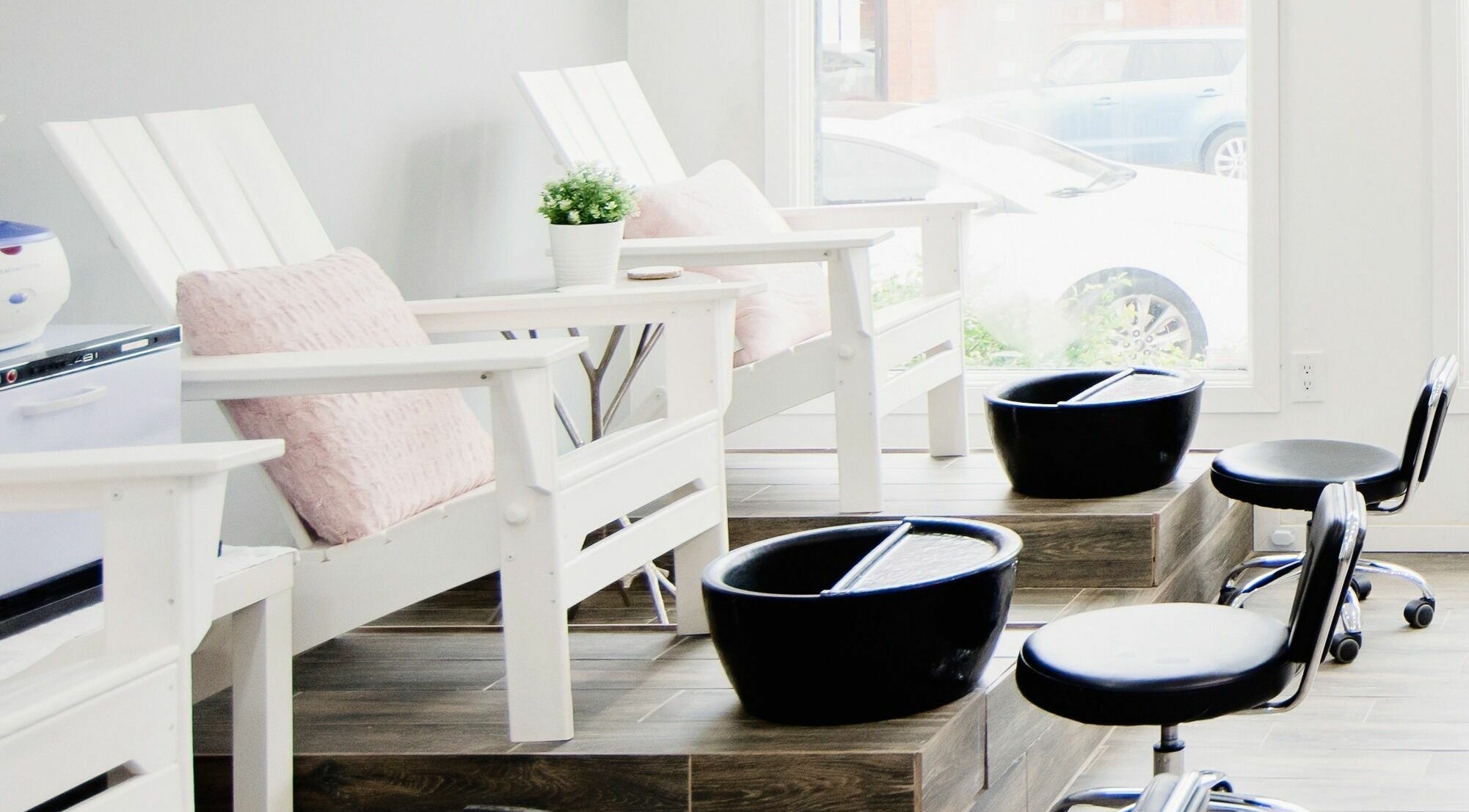 Relaxing pedicure chairs at Flo Aesthetics Nails Laser in Hamilton, Ontario, CA, offering serene nail services.